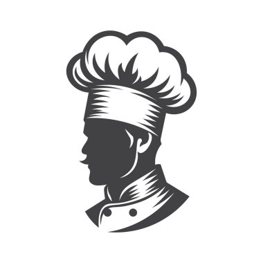 Aşçı ya da aşçı logosu. Modern stil Şef Cap Siluet Tasarımı. Erkek Aşçı Siyah Siluet.