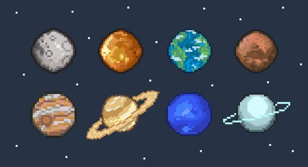Pixel Art Planets Illustration — Stock Vector
