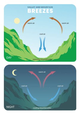 Dağın ve vadideki meltemlerin gündüz ve gece saatleri arasındaki karşılaştırma.