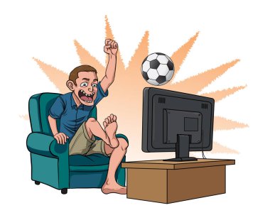 Çılgın taraftar televizyonda futbol maçı izliyor.