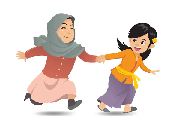 Illustration Amitié Interreligieuse Entre Filles Islamiques Hindoues — Image vectorielle