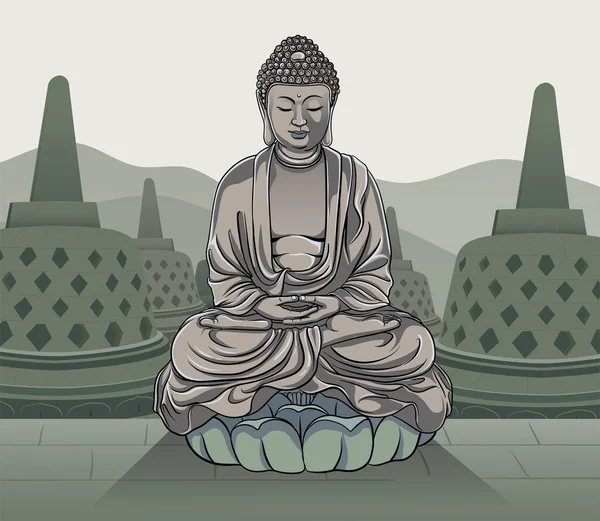 Ilustración Estatua Buda Con Fondo Estupa — Vector de stock