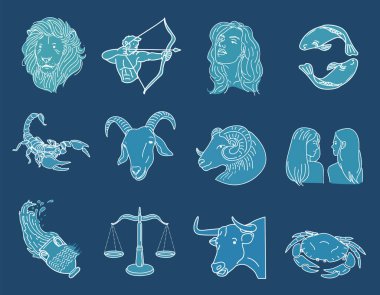 El çizimi tarzıyla 12 zodyak illüstrasyonu