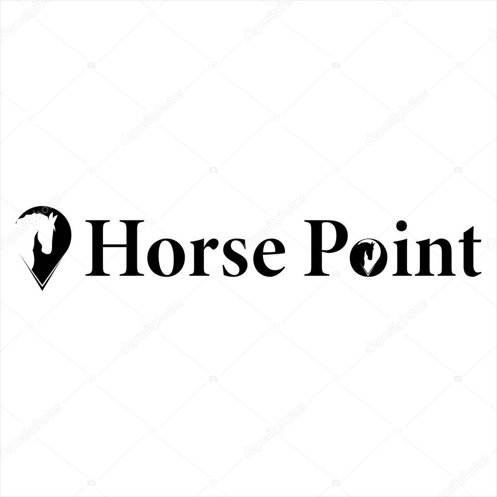 A simple black and white logo with a horse head silhouette resembling a location pin, followed by the text 