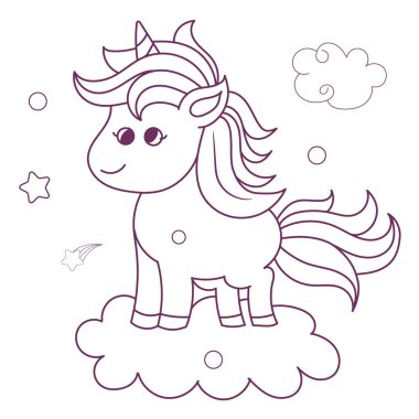 Çizgi sanatı tek boynuzlu atlar çocuk resimleme kitabı sayfası