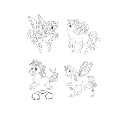 Tek boynuzlu at çocukları sayfa vektörünü boyuyor