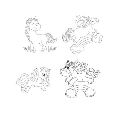 Tek boynuzlu at çocukları sayfa vektörünü boyuyor