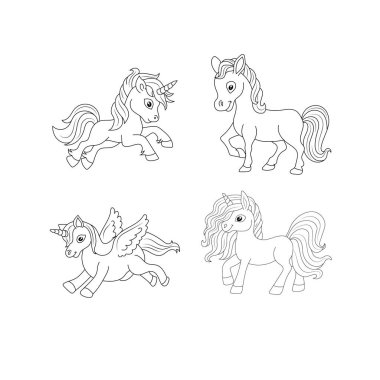 Tek boynuzlu at çocukları sayfa vektörünü boyuyor