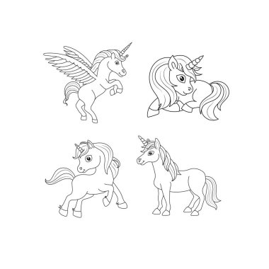 Tek boynuzlu at çocukları sayfa vektörünü boyuyor