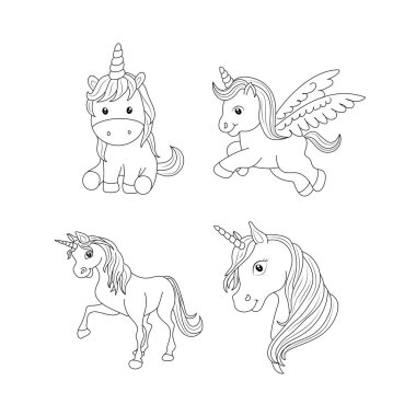 Tek boynuzlu at çocukları sayfa vektörünü boyuyor