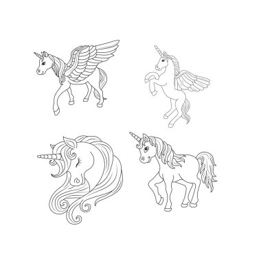 Tek boynuzlu at çocukları sayfa vektörünü boyuyor