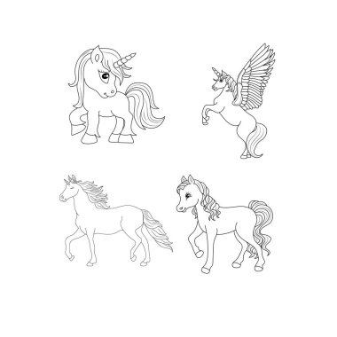 Tek boynuzlu at çocukları sayfa vektörünü boyuyor