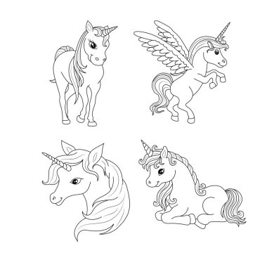 Tek boynuzlu at çocukları sayfa vektörünü boyuyor