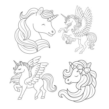 Tek boynuzlu at çocukları sayfa vektörünü boyuyor