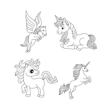 Tek boynuzlu at çocukları sayfa vektörünü boyuyor