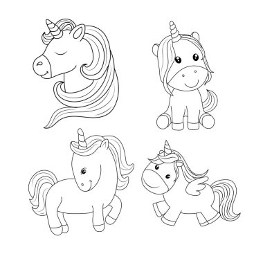 Tek boynuzlu at çocukları sayfa vektörünü boyuyor