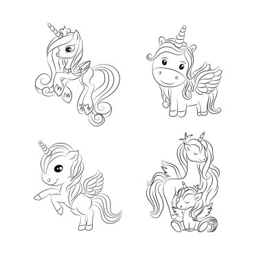 Tek boynuzlu at çocukları sayfa vektörünü boyuyor