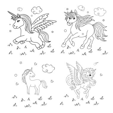 Tek boynuzlu at çocukları sayfa vektörünü boyuyor