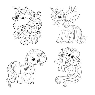 Tek boynuzlu at çocukları sayfa vektörünü boyuyor