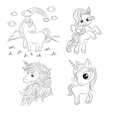 Tek boynuzlu at çocukları sayfa vektörünü boyuyor