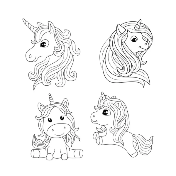 Set Dari Anak Unicorn Warna Halaman Vektor - Stok Vektor