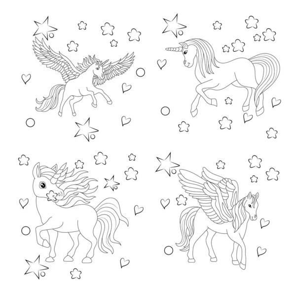 Set Unicorn Kids Coloring Page Vector — Stock Vector