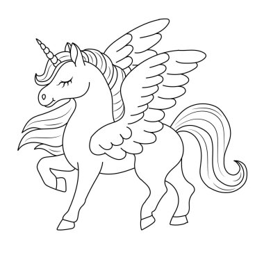 Çizgi sanatı tek boynuzlu atlar çocuk resimleme kitabı sayfası