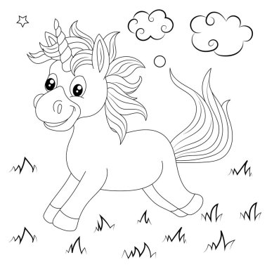 Sevimli tek boynuzlu at ile Çocuk Boyama sayfası tasarımı