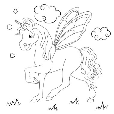 Sevimli tek boynuzlu at ile Çocuk Boyama sayfası tasarımı