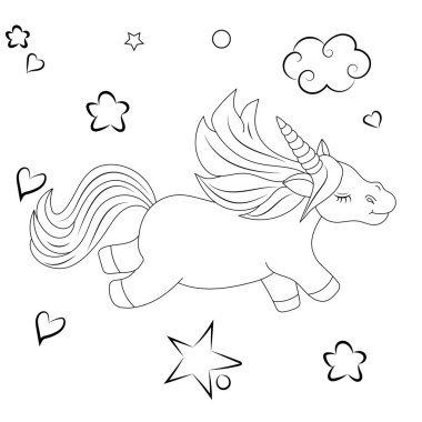 Çizgi sanatı tek boynuzlu atlar çocuk resimleme kitabı sayfası