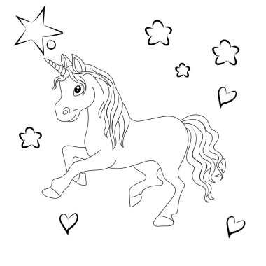 Çizgi sanatı tek boynuzlu atlar çocuk resimleme kitabı sayfası