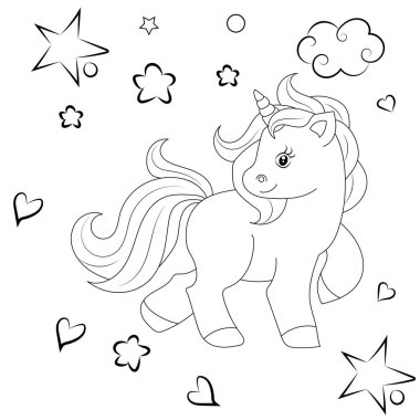 Çizgi sanatı tek boynuzlu atlar çocuk resimleme kitabı sayfası