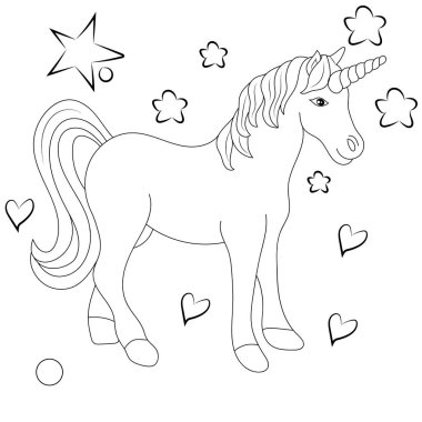 Çizgi sanatı tek boynuzlu atlar çocuk resimleme kitabı sayfası