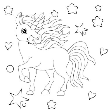 Çizgi sanatı tek boynuzlu atlar çocuk resimleme kitabı sayfası