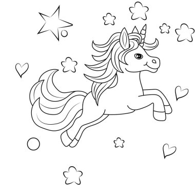 Çizgi sanatı tek boynuzlu atlar çocuk resimleme kitabı sayfası