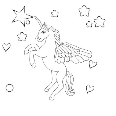 Çizgi sanatı tek boynuzlu atlar çocuk resimleme kitabı sayfası