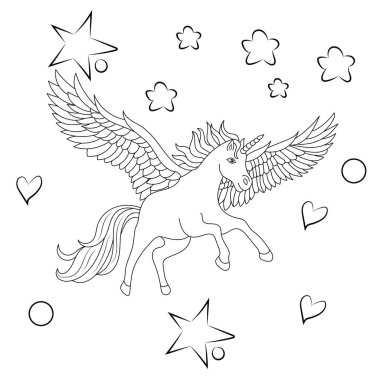 Line art unicorn kids illustration for  Children coloring book page clipart