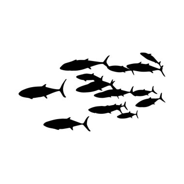Balıklar siyah ve beyaz siluetler halinde deniz hayvanları.