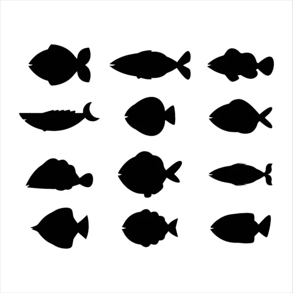 Svart Och Vit Fisk Silhuetter Uppsättning Marina Djur — Stock vektor