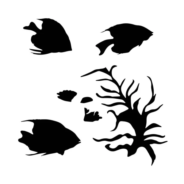 Ryby Czarno Białe Sylwetki Zestaw Zwierząt Morskich — Wektor stockowy
