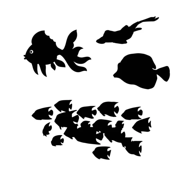 Fish Black White Silhouettes Set Marine Animals — Stock Vector