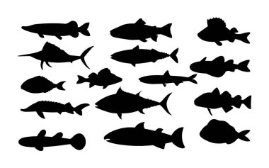 Beyaz arkaplanda balık karakterleri ve siluet kümesi