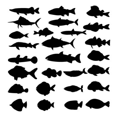 Beyaz arkaplanda balık karakterleri ve siluet kümesi