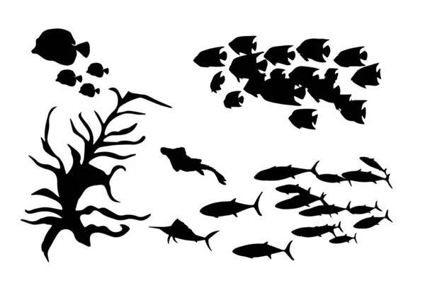 Набор Рыбных Символов Силуэт Белом Фоне — стоковый вектор