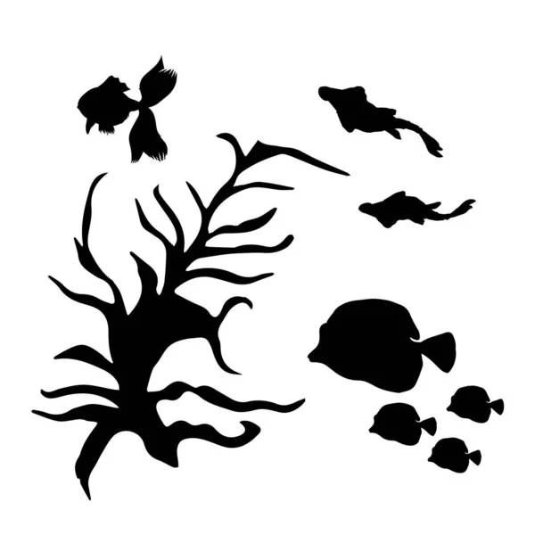 Set Von Fischfiguren Und Silhouette Auf Weißem Hintergrund — Stockvektor