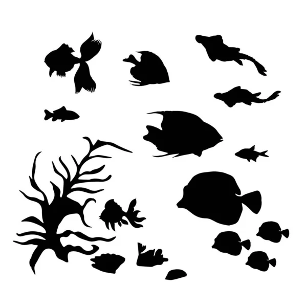 白を基調とした魚のキャラクターとシルエットのセット — ストックベクタ