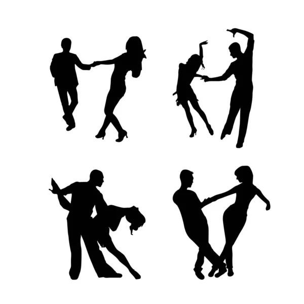 Paar Silhouetten Tanzen Voller Einstellung — Stockvektor