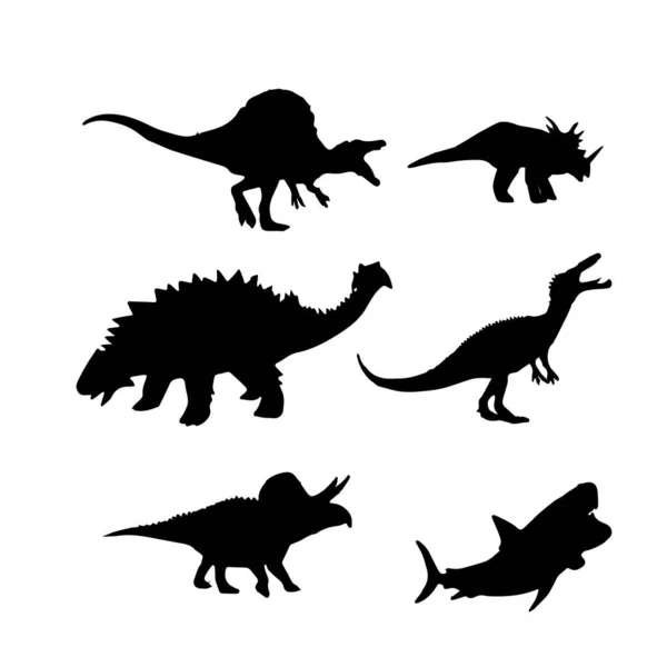 Czarne Sylwetki Dinozaurów Dla Dzieci — Wektor stockowy