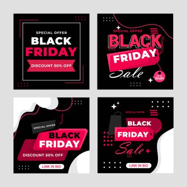 Düz Kara Cuma Instagram sosyal medya paylaşımları koleksiyonu, Instagram paylaşımı, siyah arkaplan sosyal medya afişi satışı şablonu, Cuma indirimi bayrağı, Cuma indirimi postası