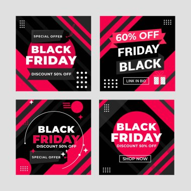 Düz Kara Cuma Instagram sosyal medya paylaşımları koleksiyonu, Instagram paylaşımı, siyah arkaplan sosyal medya afişi satışı şablonu, Cuma indirimi bayrağı, Cuma indirimi postası